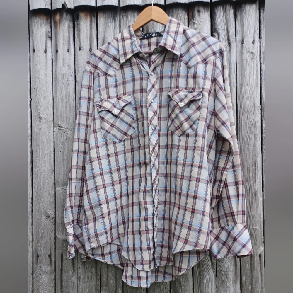 Vintage 70s New Castle Apparel beige blue pearl snap front western shirt mens L - Picture 7 of 8